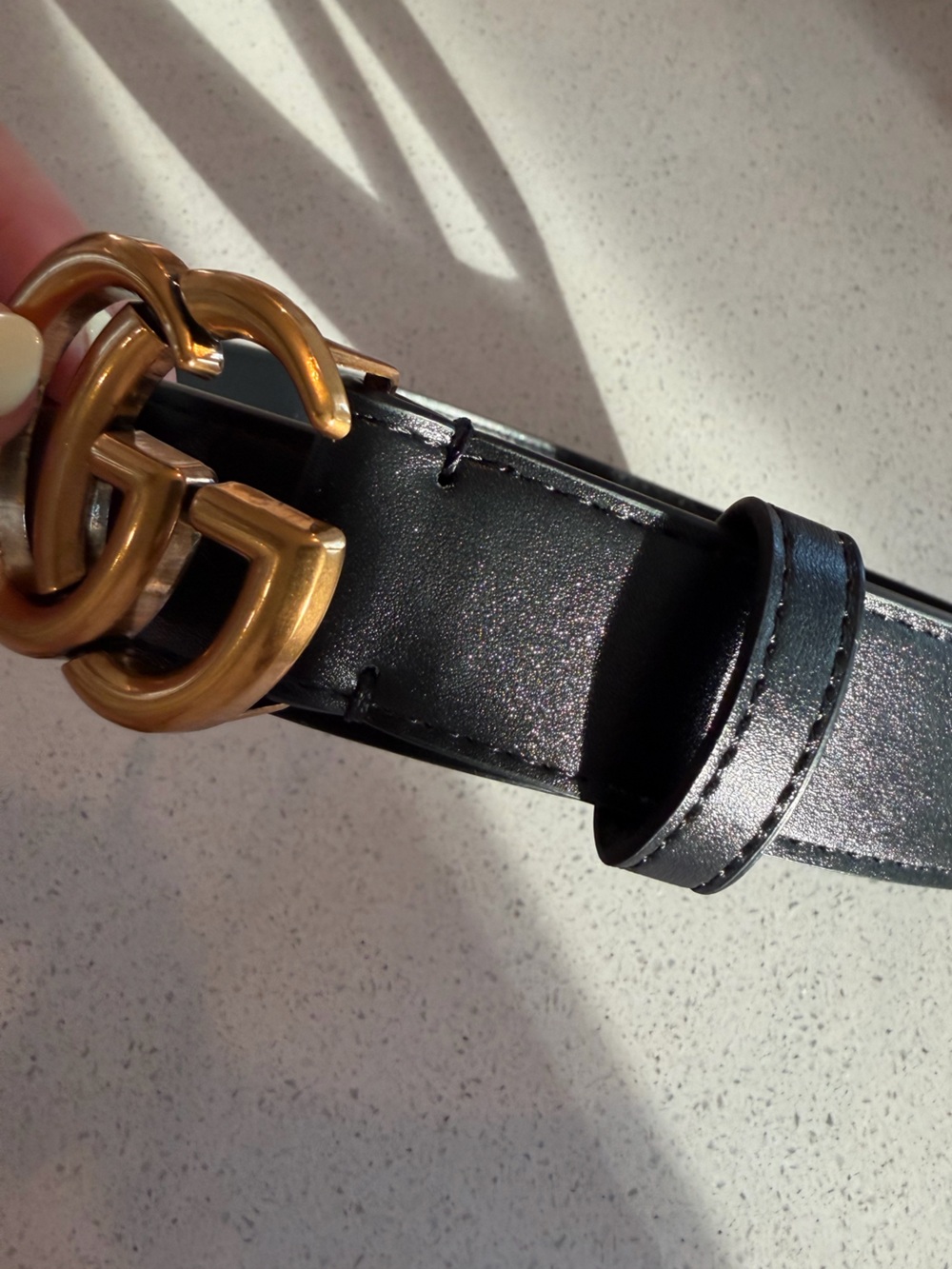 Black Leather Women's Belt with Gold Double-Ring Buckle